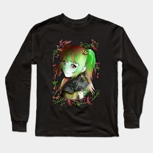 Green witch girl with black kitten for anime fans Long Sleeve T-Shirt